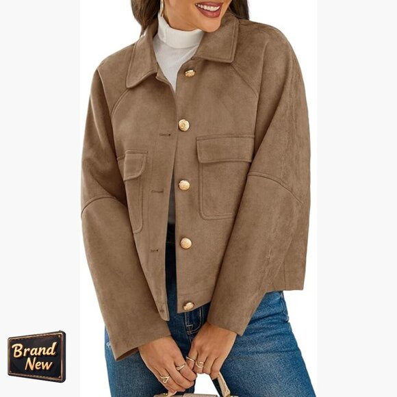 Jackets & Blazers - Oversized Cropped Faux Suede Leather Jacket Lapel Collar Button Down